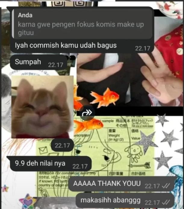 Screenshot testimoni client — client memberi nilai 9.9 dan memuji kualitas makeup commish