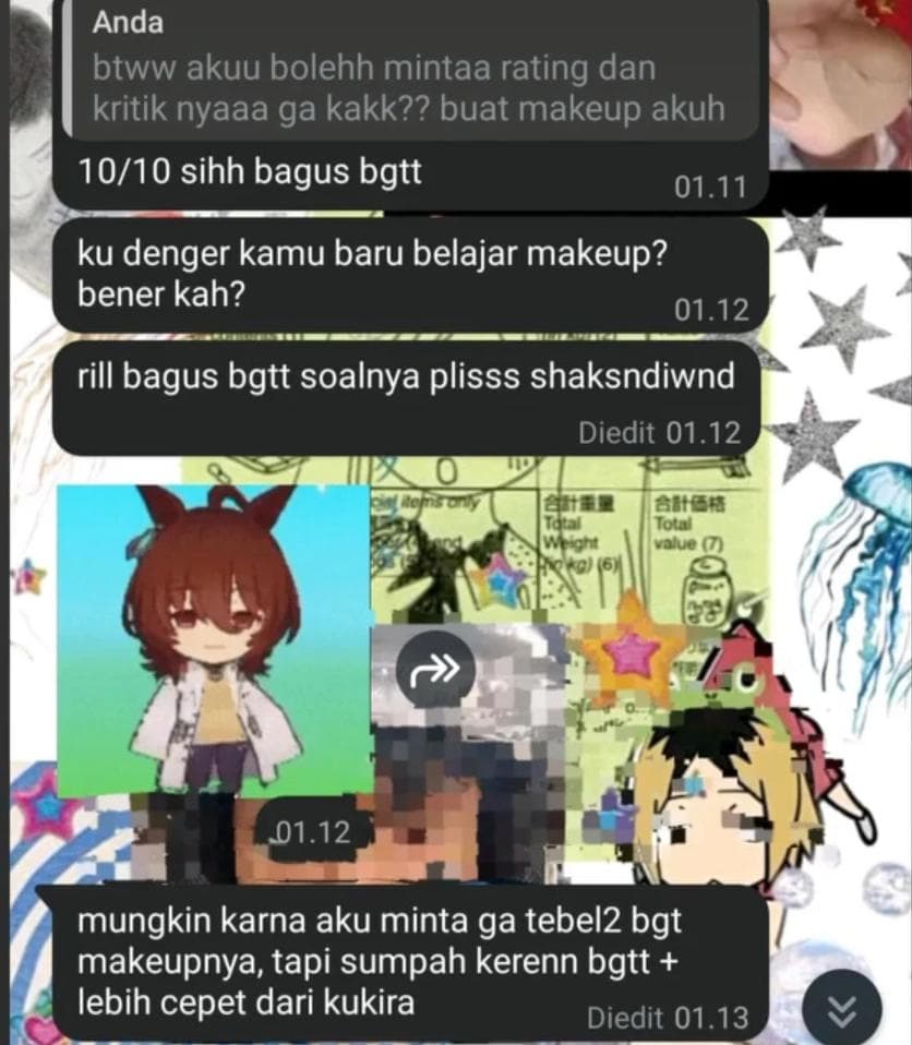 Screenshot testimoni client — client memberi rating 10/10 dan mengatakan makeup sangat bagus